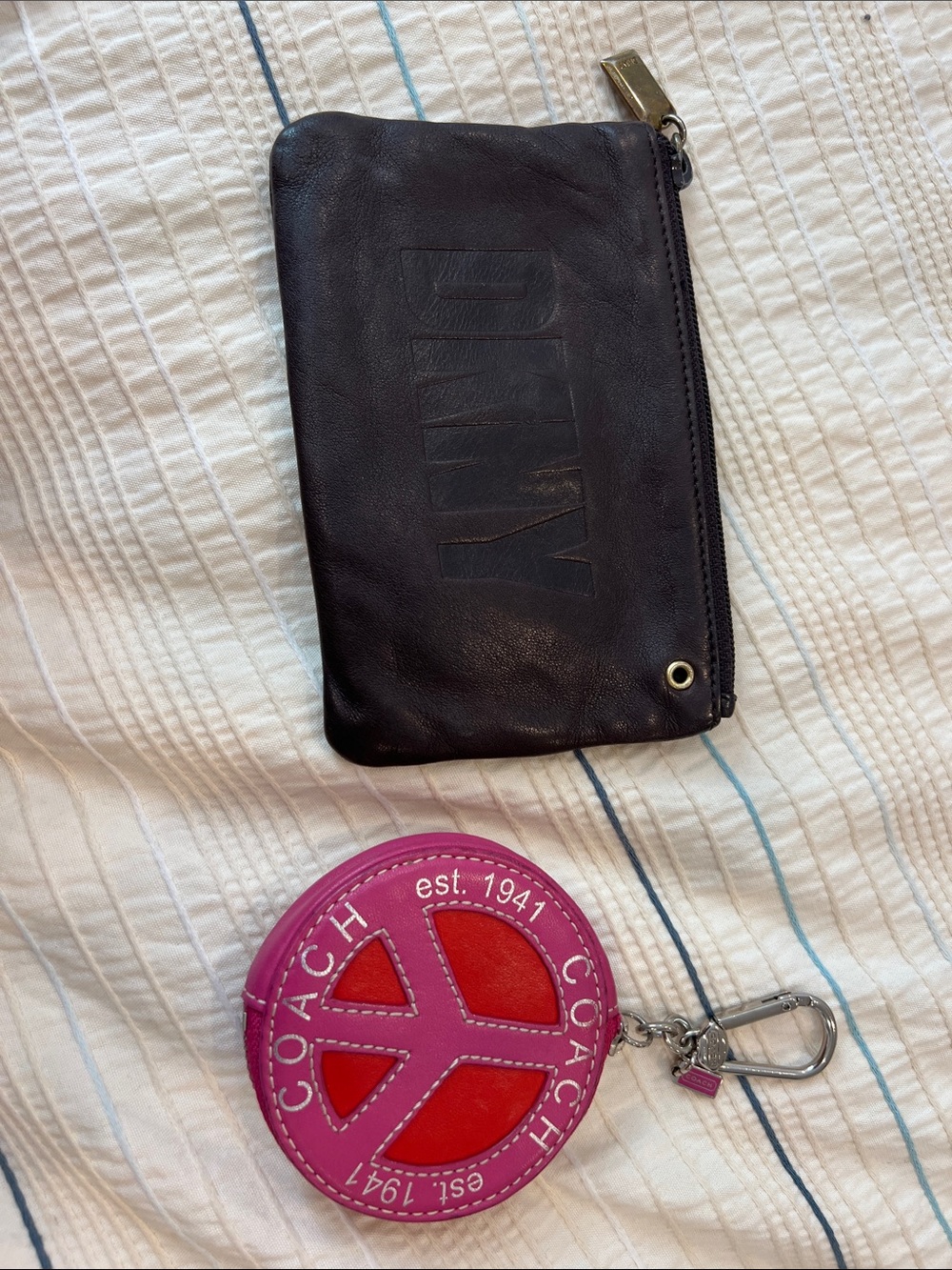 Coach Pink and Red Round Coin Keychain with Metal Clip and DKNY small pouch